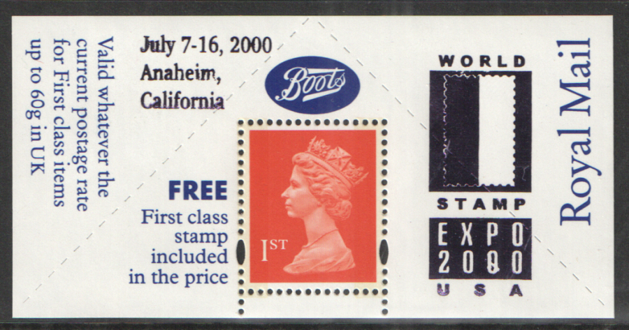 "World Expo 2000 USA" overprinted Boots 1st Class Stamp & Label (image for) "World Expo 2000 USA" overprinted Boots 1st Class Stamp & Label